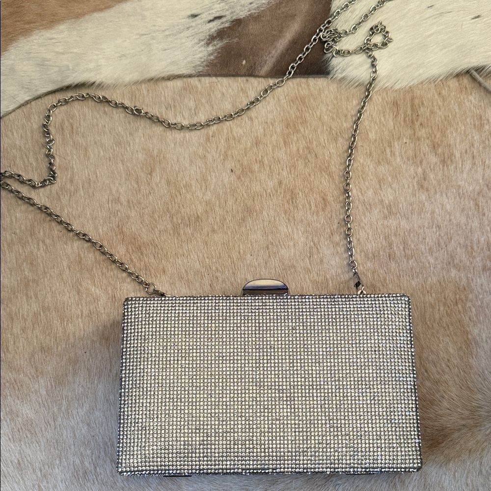 Rhinestone Evening Clutch Bag in Silver with a long silver crossbody chain